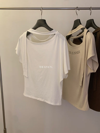 【L10723】韓系簡約休閒感☁️字母印花薄款寬鬆露肩綁帶短袖T恤260602