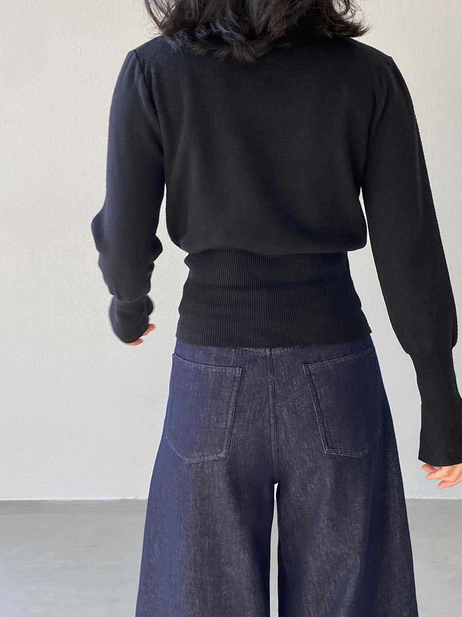 【cimz3012】實拍韓系氣質半高領喇叭袖收腰針織衫251201