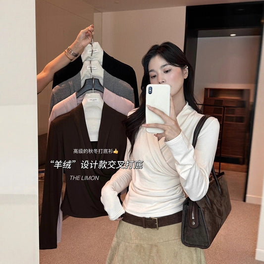 【L9312】檸檬法式簡約交叉羊絨薄绒V領長袖T恤251117