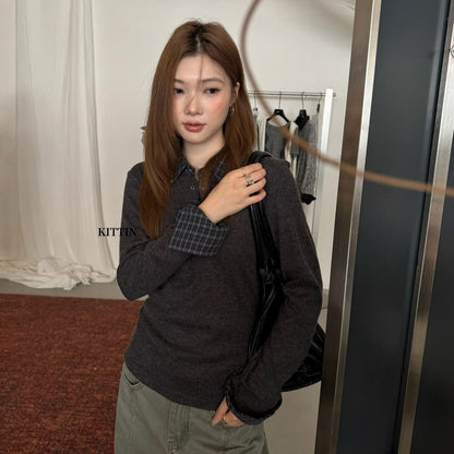 【L30006】KITTIN慵懶微性感・縮腰拼接Polo領長袖針織衫260921