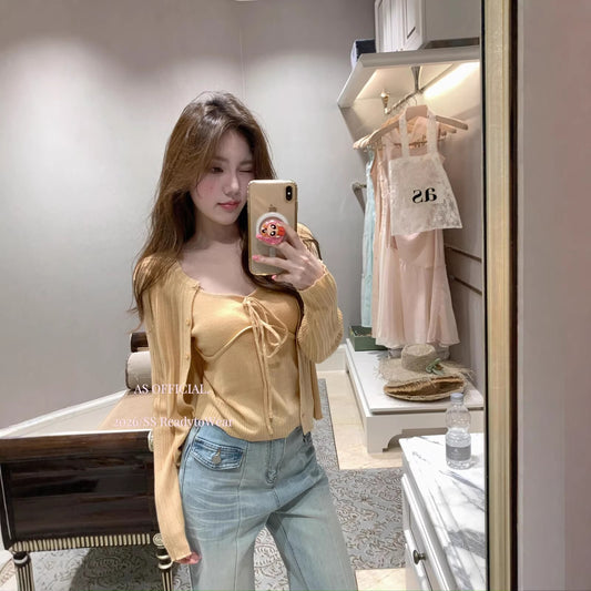 【L16019】實拍韓系慵懶氛圍感☁️針織小外套+綁帶細肩帶背心兩件套260330