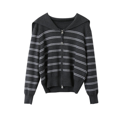 【LD11036】實拍雙頭拉鍊海軍領條紋針織開衫251202