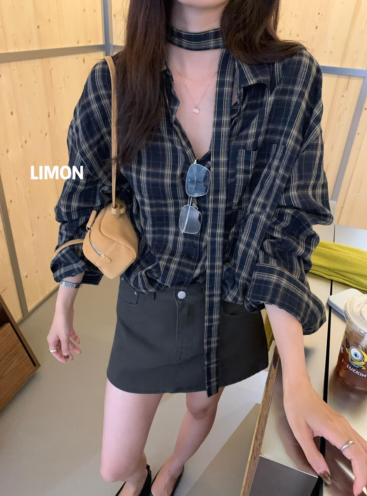 【L11002】檸檬家慵懶韓系・格紋寬鬆長袖襯衫 (附飄帶)260831