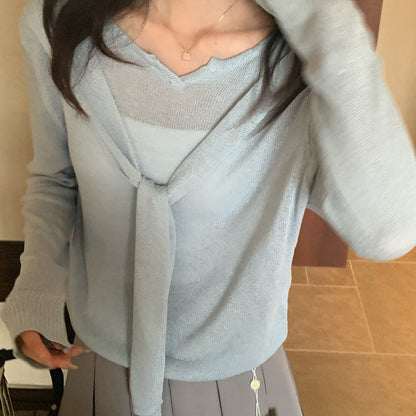 【L8108】實拍檸檬家一秒變紙片人✨韓風亞麻假兩件披肩長袖針織上衣260330