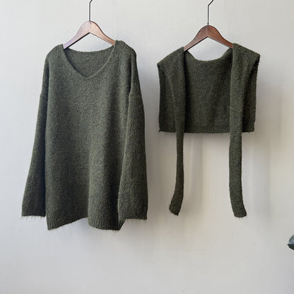 【Y25805】 實拍溫柔軟糯V領毛衣+針織披肩(含羊毛3％）251023