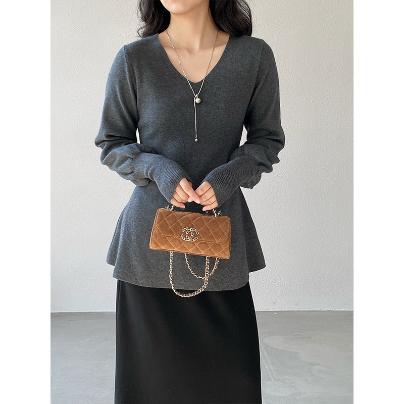 【cimz6652】實拍氣質半高領/V領燈籠袖極簡氣質針織衫251128