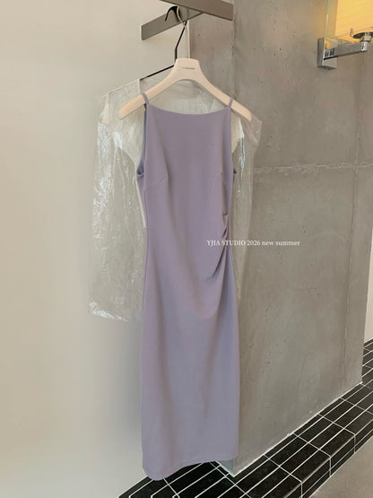 【L2352】夏日法式氣質女孩抓皺縮腰開衩一字領長洋裝260728