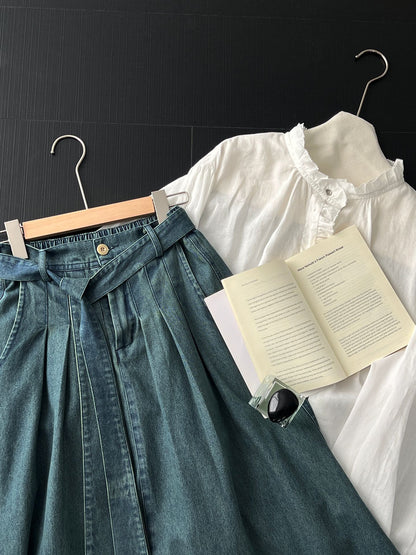 【cimz6517】實拍韓系簡約休閒風✨高腰顯瘦綁帶A字長版牛仔裙260409