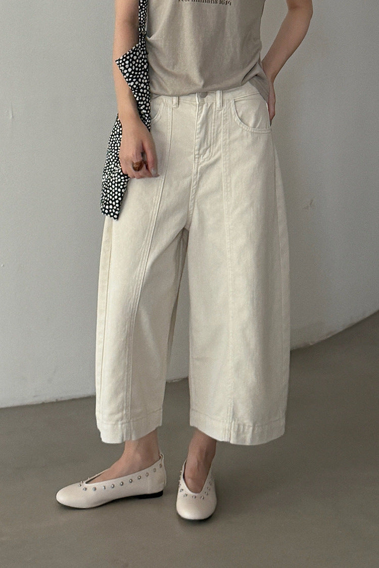 【LD11373】美式S~XL復古百搭👖水洗棉分割設計高腰顯瘦牛仔七分寬褲260630