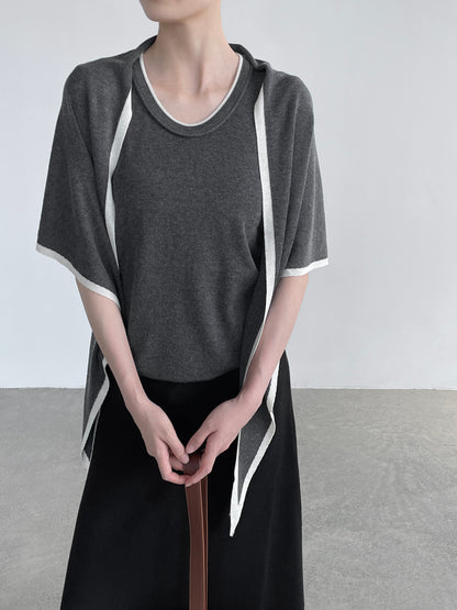【cimYL103】優雅氣質綿羊毛混紡U領撞色針織短袖+披肩260828