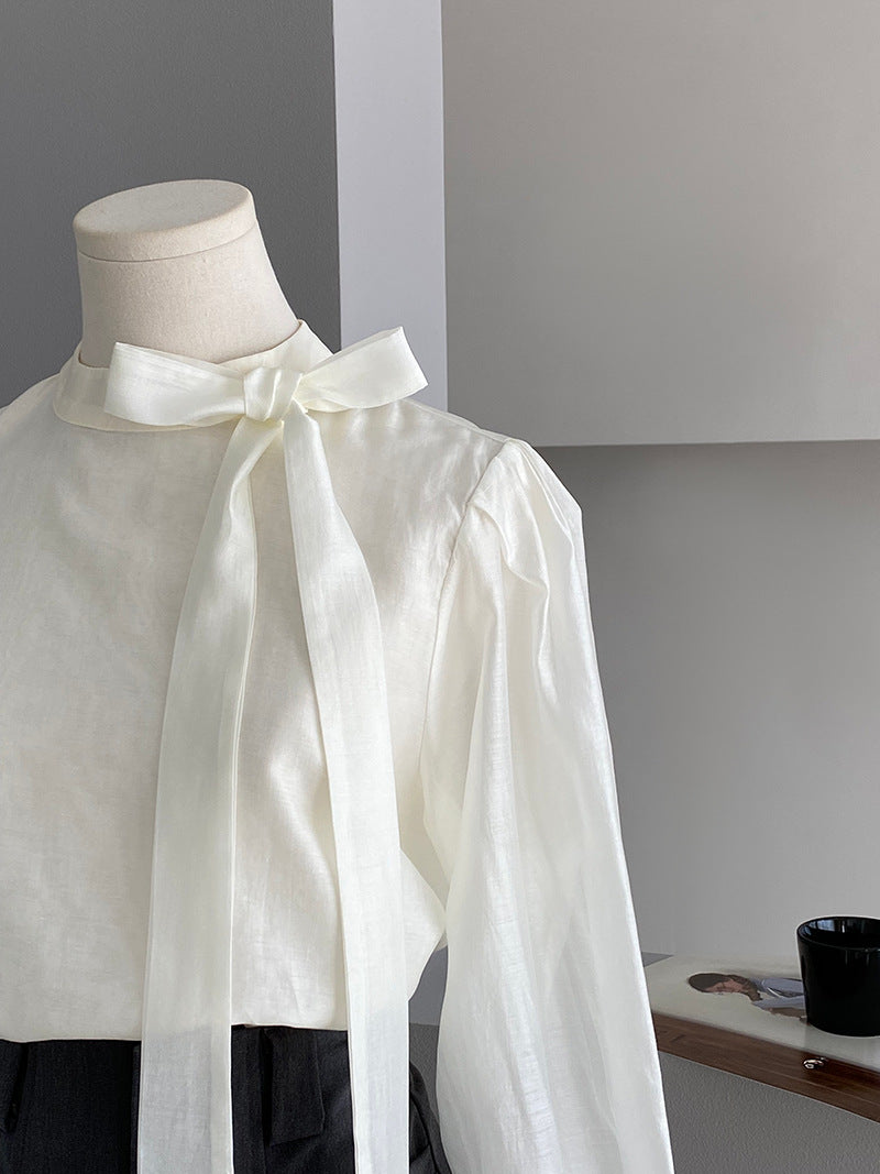 【cimz1186】韓系知性通勤🤍質感蝴蝶結飄帶天絲半高領長袖襯衫260319