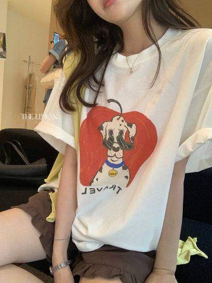 【L10358】童趣可愛減齡🐶韓系復古斑點狗卡通印花寬鬆短袖T恤260428