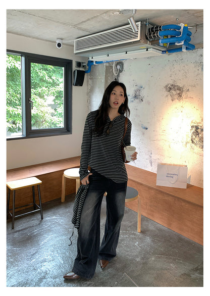 【H5402】實拍復古做舊洗水黑灰色廓形牛仔褲250902