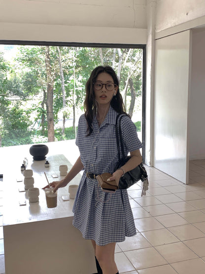 【H5348】實拍夏天藍白格襯衫百褶洋裝250701