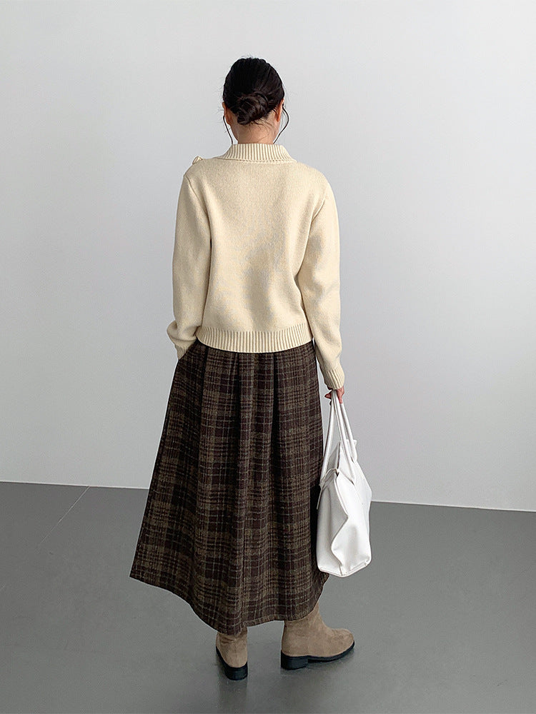 【LD11008】實拍復古毛呢格子高腰a字裙(左右有口袋）251110