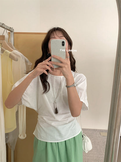 【LTM1057】實拍檸檬夏法式褶皺棉麻後背綁帶襯衫250519