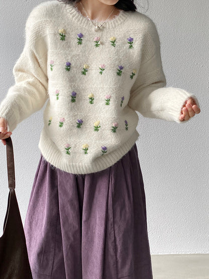 【cimz1377】實拍清新高級刺繡小花羊毛針織毛衣251128