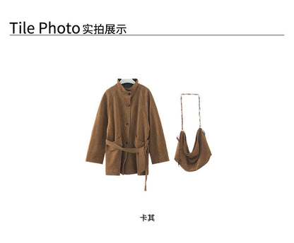 【H569】實拍復古個性皮革拼麂皮絨大衣外套＋麂皮肩背包251021