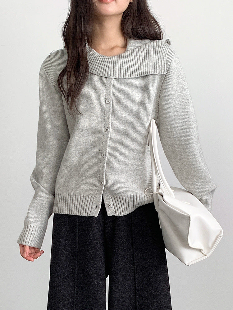 【LD11002】實拍秋冬法式設計感斜領針織毛衣外套251110