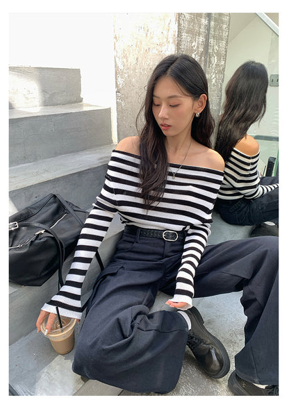 【H5399】實拍韓系簡約氣質一字領露肩針織衫250902