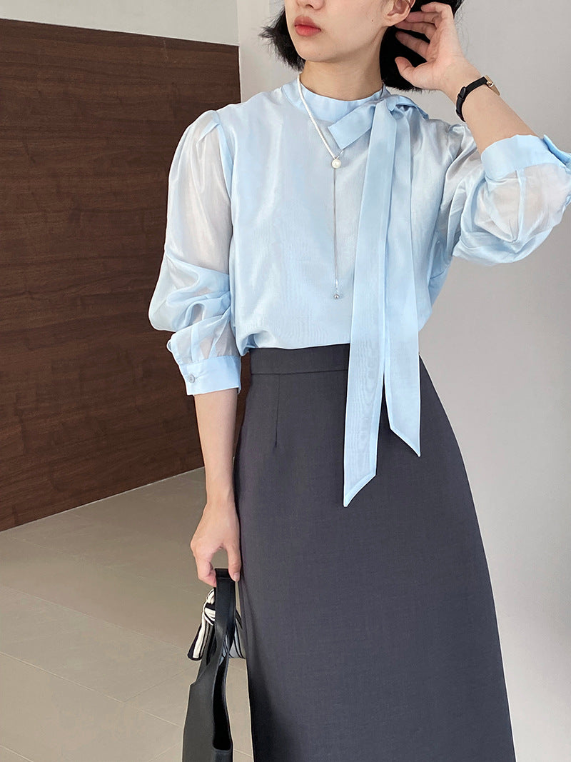 【cimz1186】韓系知性通勤🤍質感蝴蝶結飄帶天絲半高領長袖襯衫260319