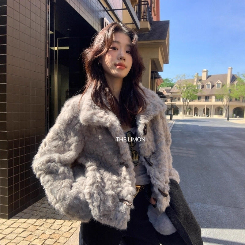 【L1230】實拍檸檬冬季加厚保暖立領牛角扣仿皮草外套251117