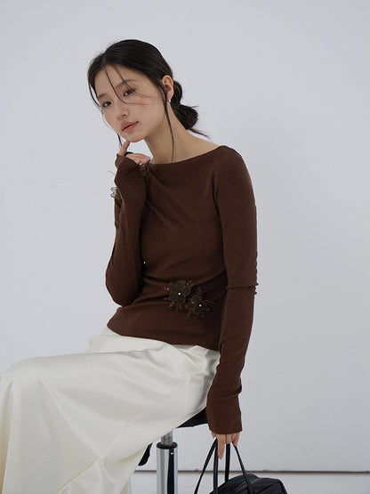 【LD3277】實拍立體花朵長袖一字領T恤251103