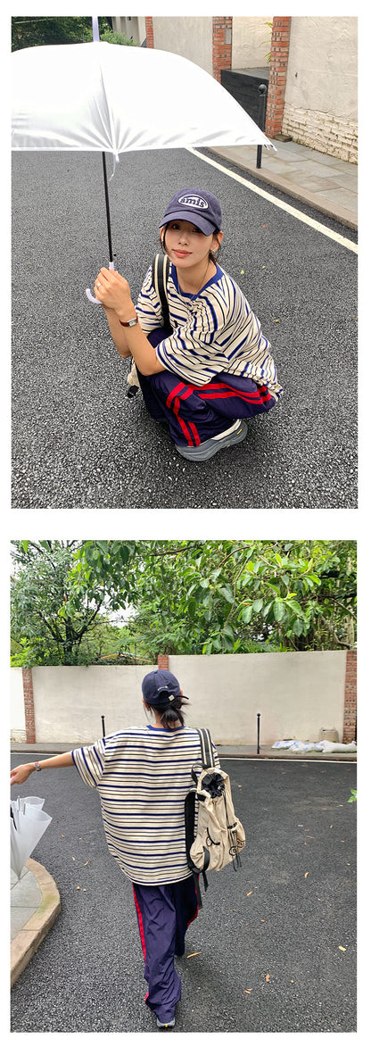 【H5258】實拍夏季韓系條紋撞色圓領T恤250513