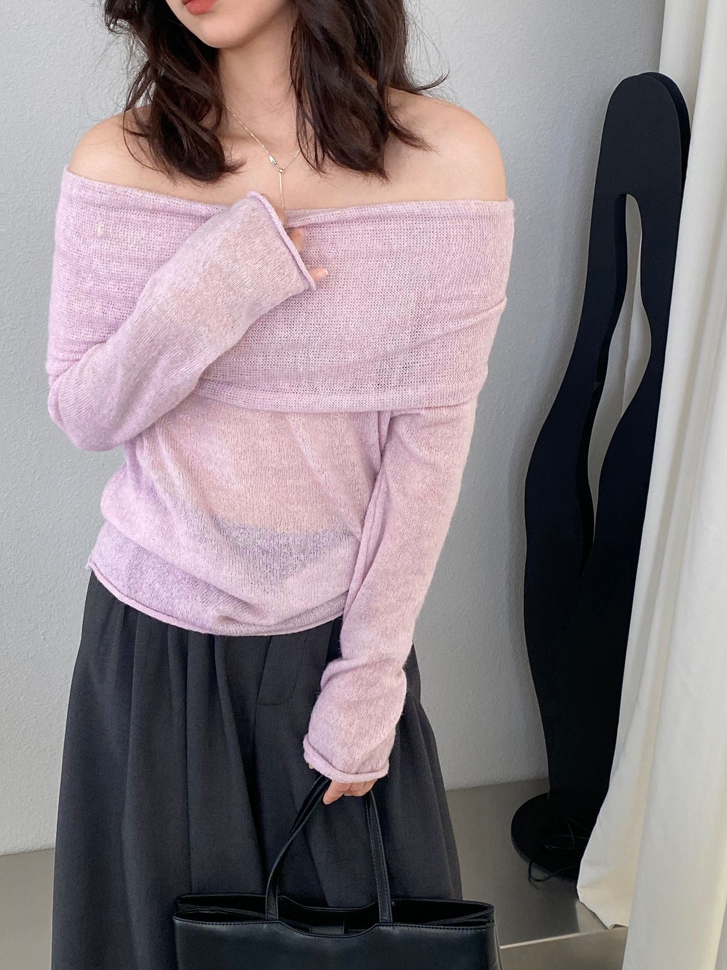 【cimzF632】微性感慵懶風💜羊毛10%一字肩顯瘦露肩長袖針織衫260319