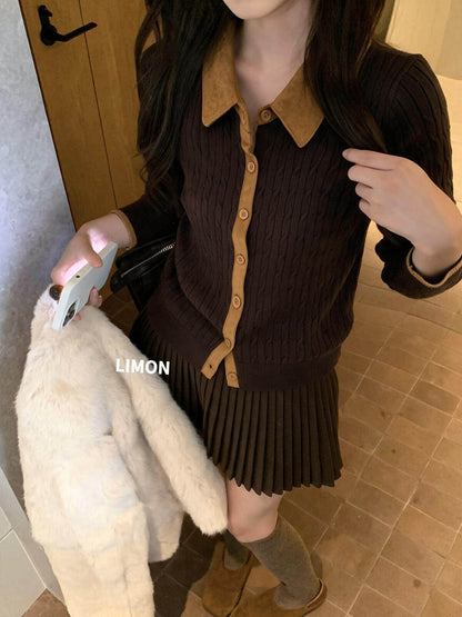 【L8281】檸檬家法式老錢風・麻花撞色翻領針織小外套261027
