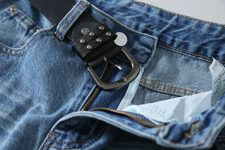 【LD11179】實拍S~XL美式復古時髦✨水洗藍刷破貓鬚寬鬆九分牛仔寬褲260317