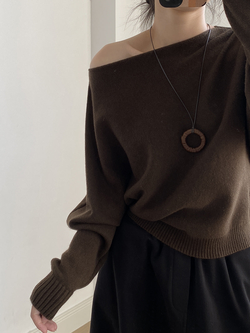 【YP2081】 實拍一字領斜肩慵懶針織毛衣251023