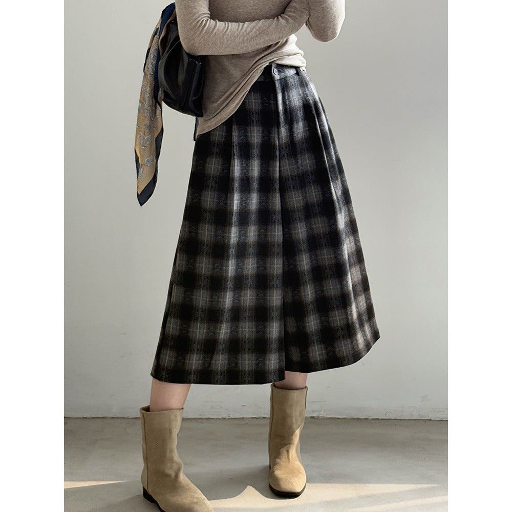 【YG8095】實拍日系復古呢料格紋直筒七分闊腿褲251016