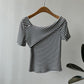 【Y3151】實拍韓國設計感露肩短袖條紋T恤230524