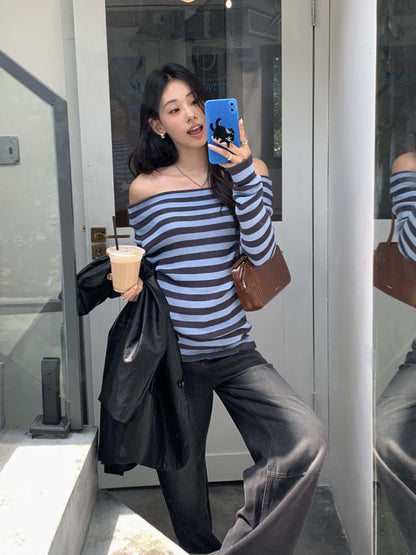 【H5399】實拍韓系簡約氣質一字領露肩針織衫250902