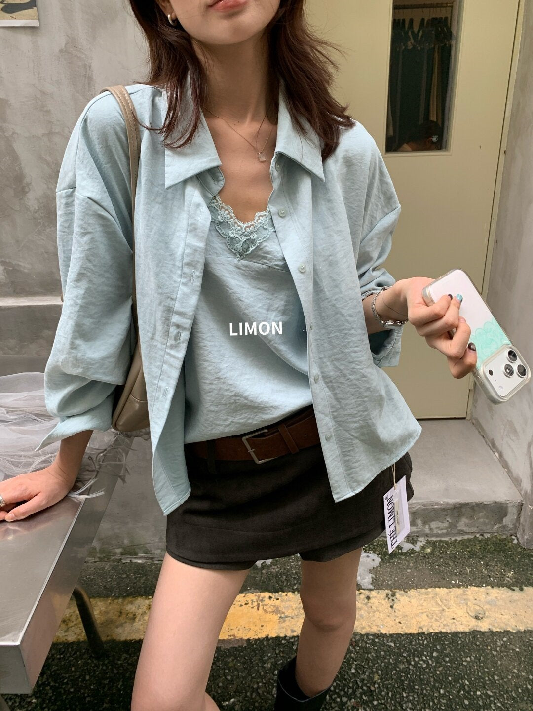 【L11322】檸檬家绿法式慵懶・蕾絲細肩帶＋寬鬆長袖天絲襯衫260921