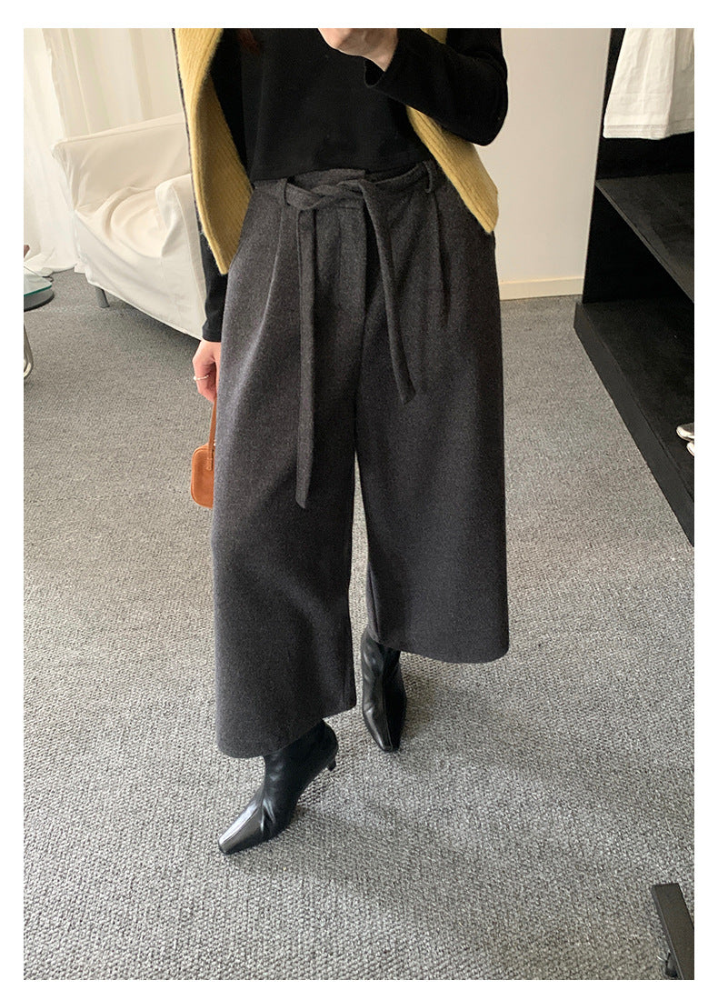 【H5491】實拍秋冬毛呢鬆緊腰加厚闊腿休閒褲251109