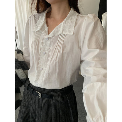 【H5488】實拍法式温柔蕾絲長袖襯衫251109