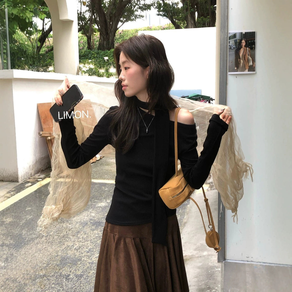 【L11083】檸檬家時髦設計・斜領縮腰飄帶長袖上衣260909