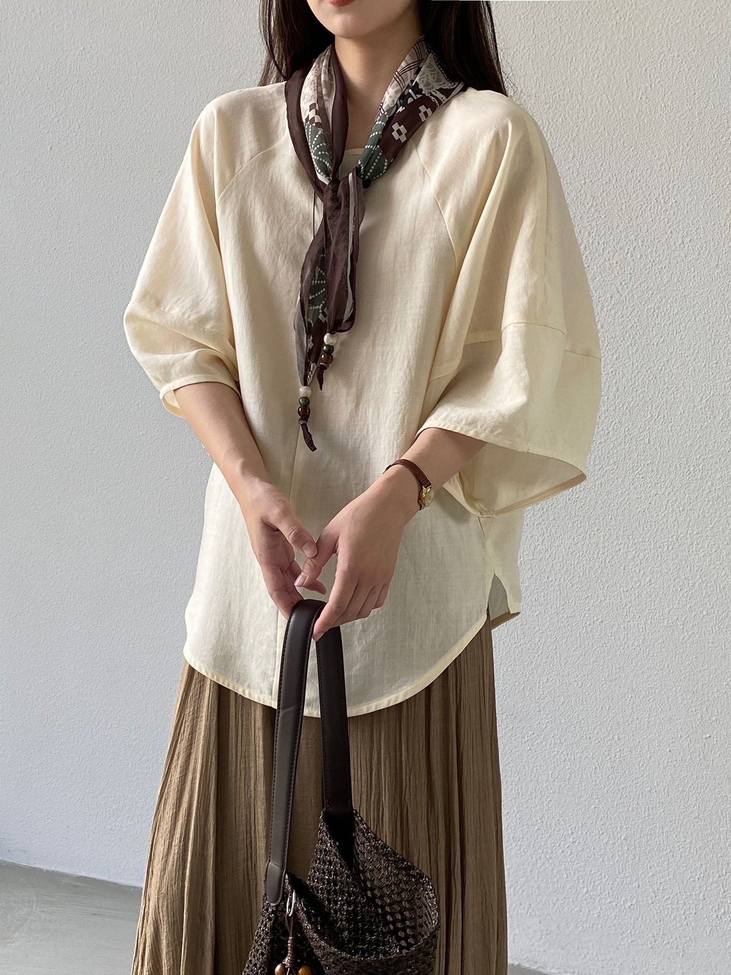 【cimz1932】日系慵懶鬆弛感🍃寬鬆透氣燈籠袖亞麻30落肩短袖襯衫260618