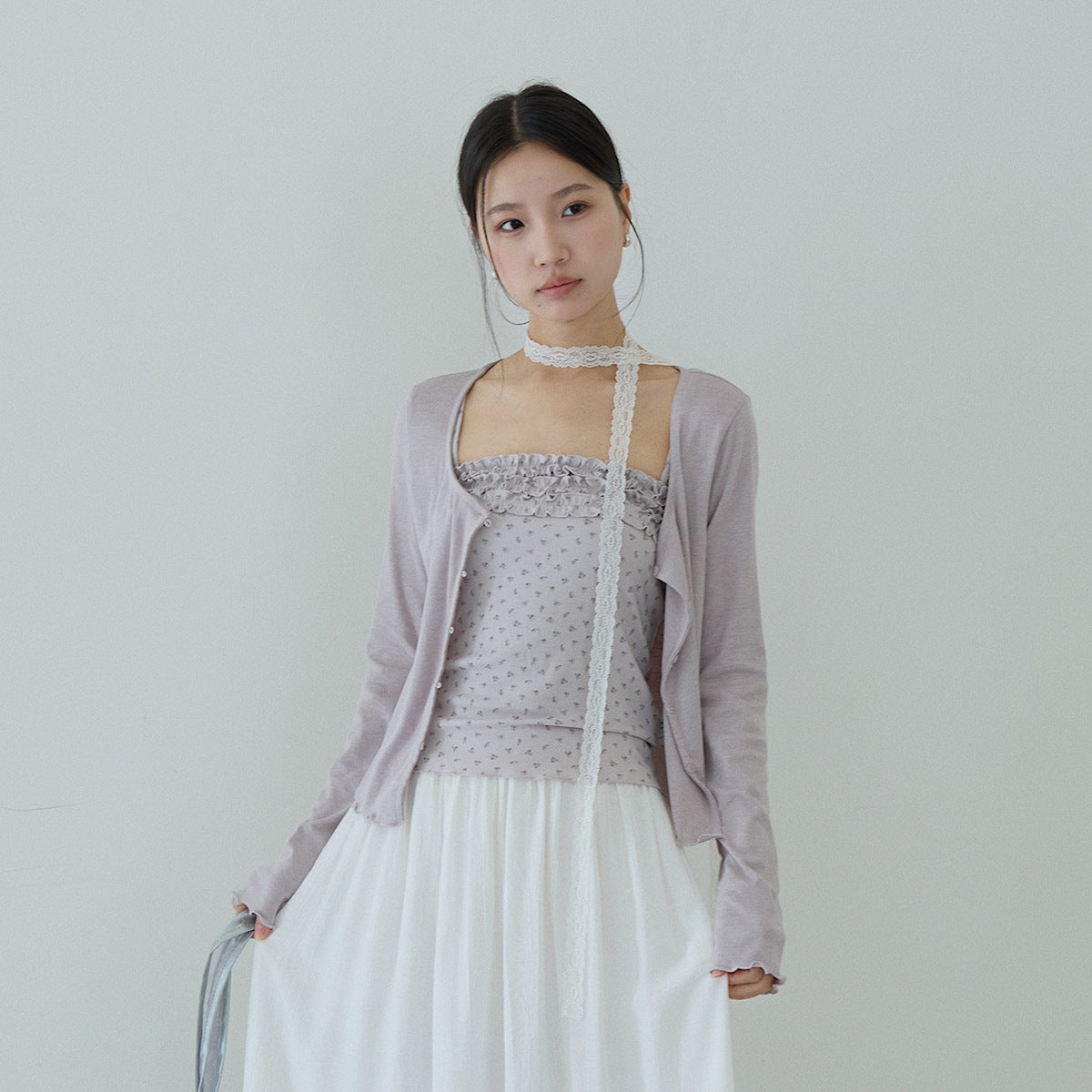 【LD11172】實拍仙女系紫藤花園💜淺紫長袖小外套+碎花細肩帶 套裝260317