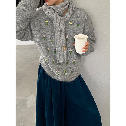 【cimz1377】實拍清新高級刺繡小花羊毛針織毛衣251128