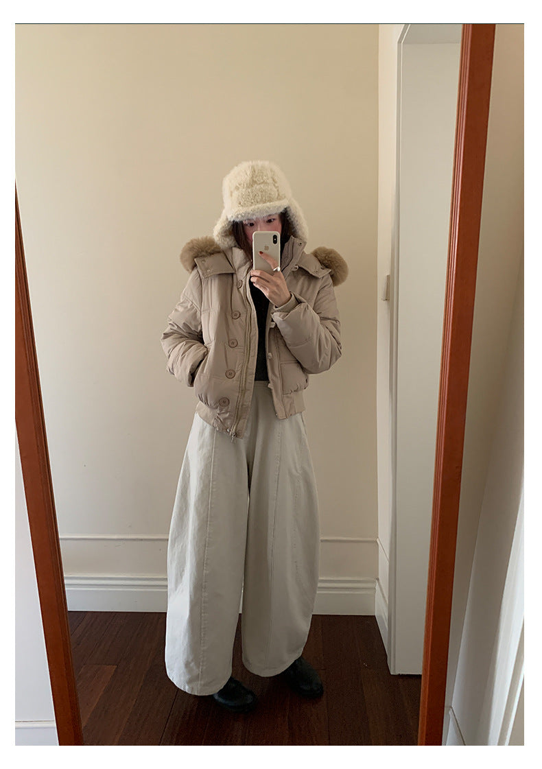 【H5501】實拍奶油風毛領連帽短款加厚棉服251118