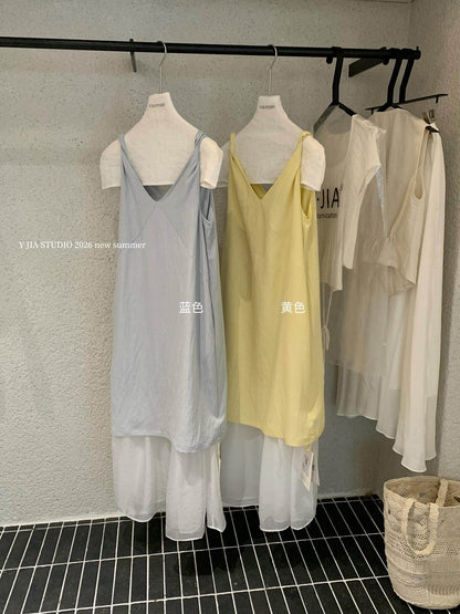 【L7003】Y.JIA韓系簡約休閒風✨百搭寬鬆顯瘦假兩件V領無袖連身洋裝260602
