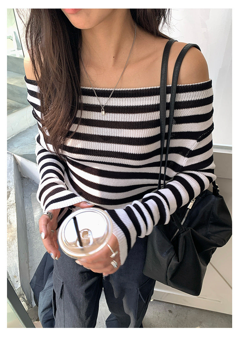 【H5399】實拍韓系簡約氣質一字領露肩針織衫250902