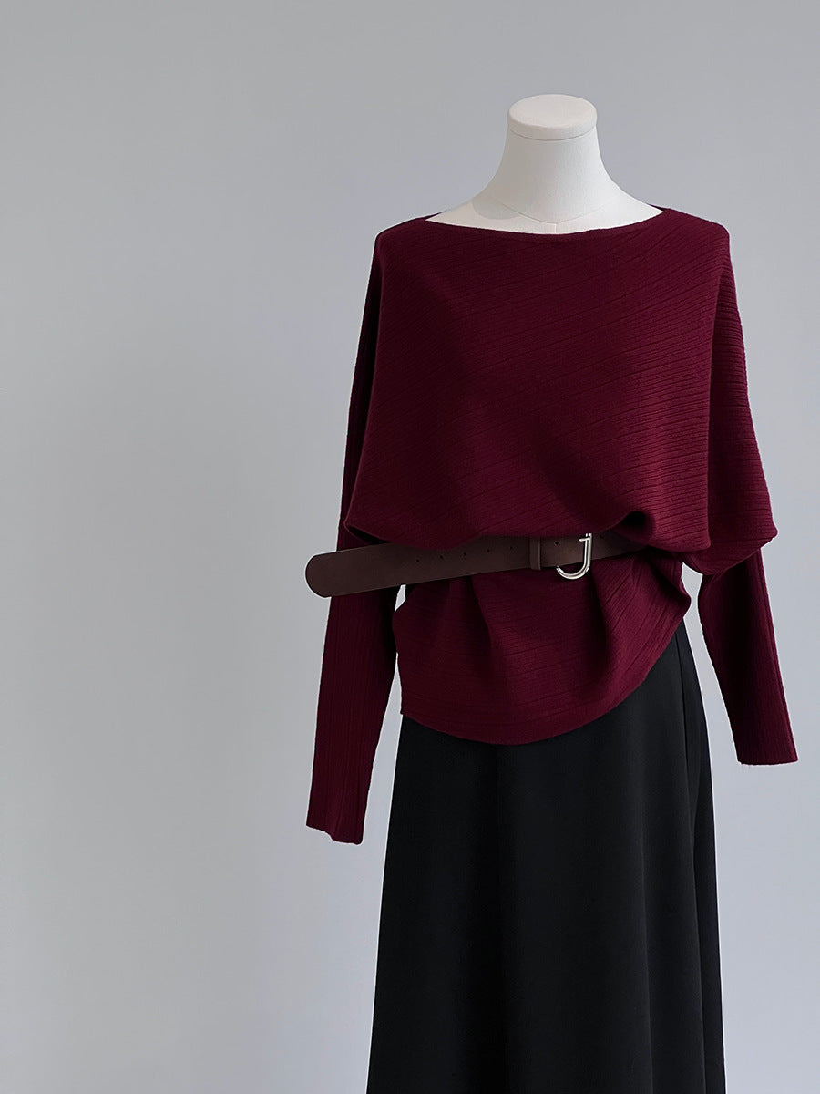 【cim9033】實拍韓系高級感長袖斜肩針織衫＋腰帶251030