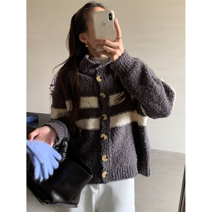 【H5511】實拍 懶懶撞色條紋開衫針織毛衣
251118