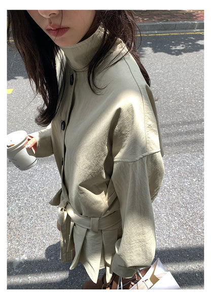 【H5400】實拍韓系慵懶卡其立領收腰風衣外套250902