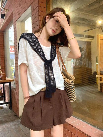 【L10728】韓系極簡百搭款☁️舒適顯瘦高腰休閒短褲(附皮帶)260526