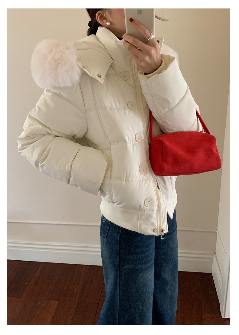 【H5501】實拍奶油風毛領連帽短款加厚棉服251118